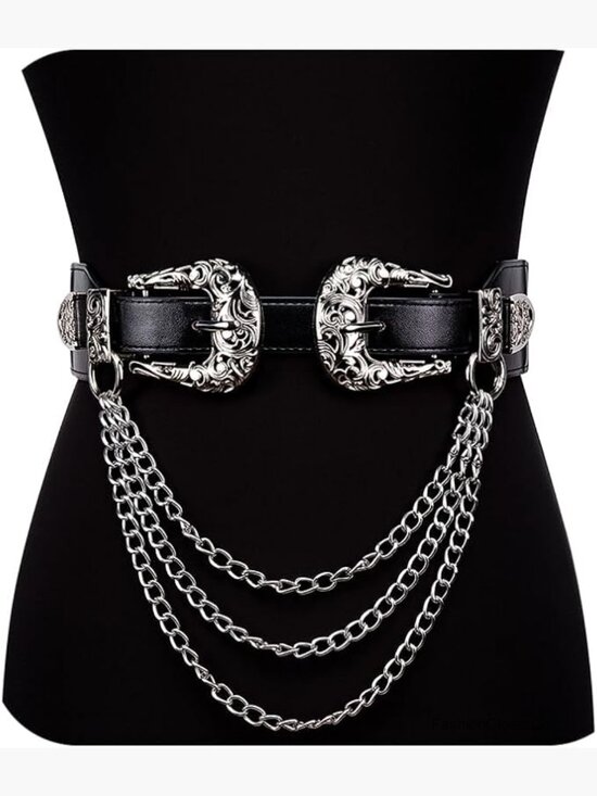 Leather Chain Belt Vintage Western Adjustable Elastic Double Buckle main image 5